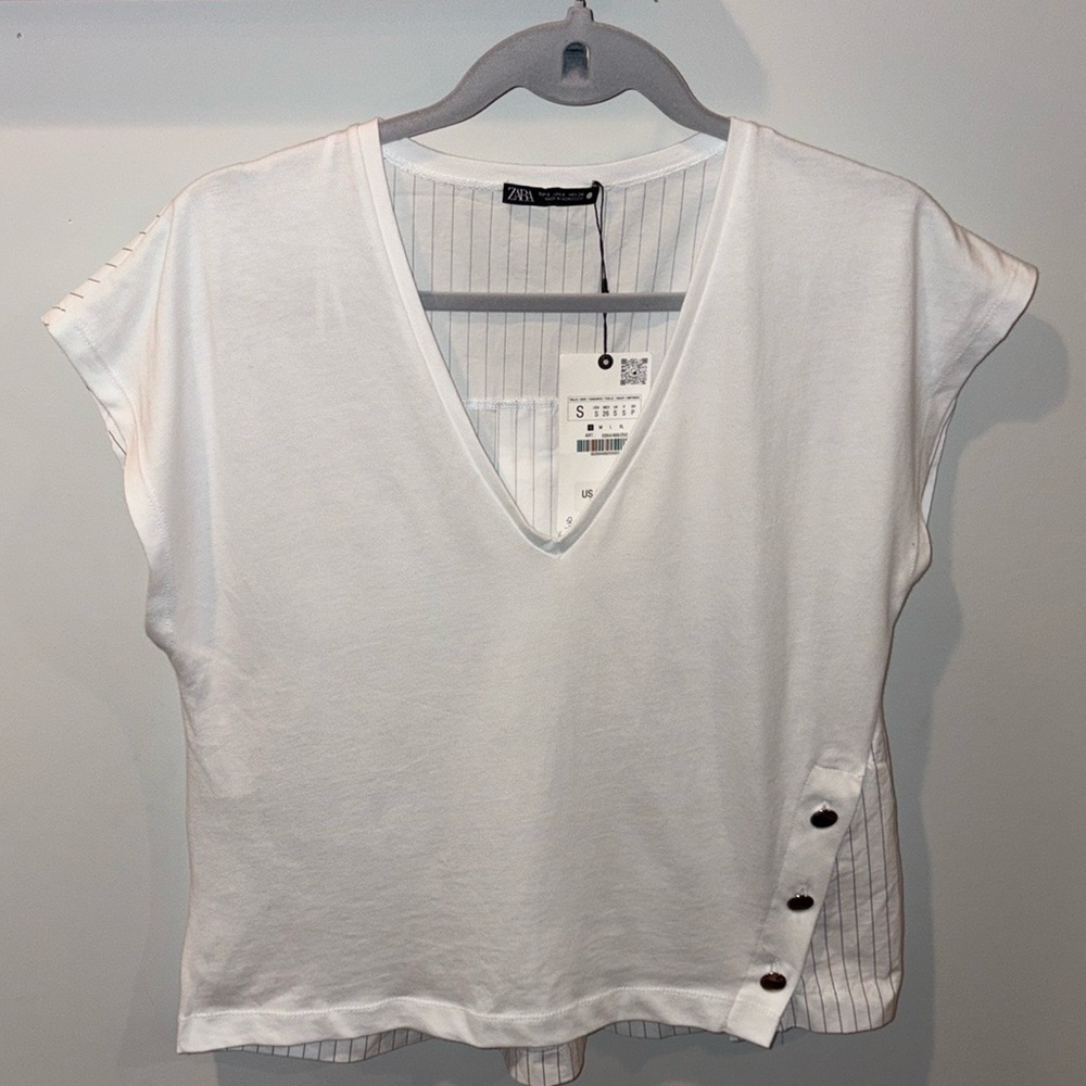 Zara NEW Cotton Poplin Stripe Side Button Vneck Tee Size Small Black/White - Picture 6 of 12